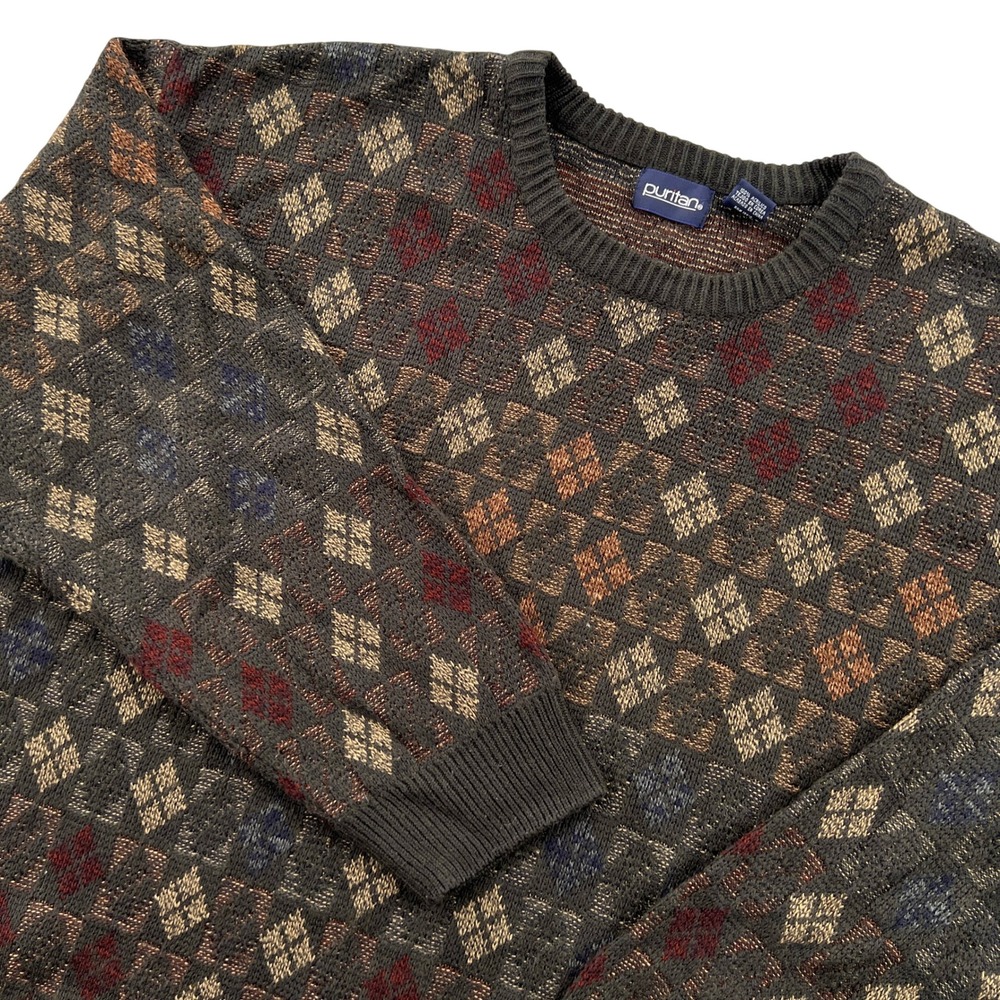VTG 90s Puritan Argyle Knit Sweater Mens 2XL Green Crewneck Grandpa Academic